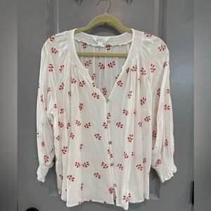 Market & Spruce White Button-Front Top with Red Botanical Print